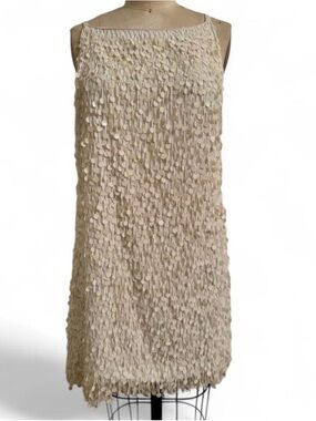 White ivory beaded fringe sequined Pailette heavy Jenni Kayne dress sz M